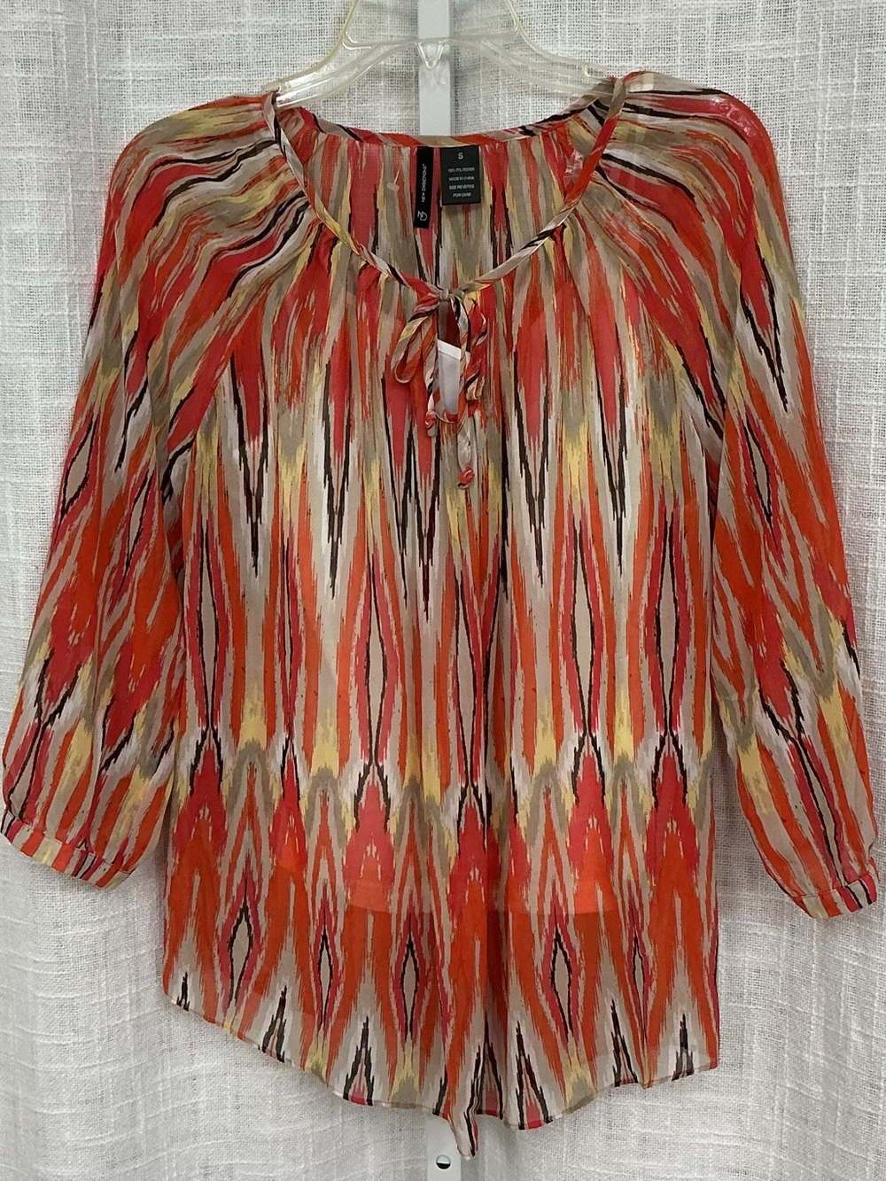 new directions Orange Multicolor Ikat Tie-Neck Blouse